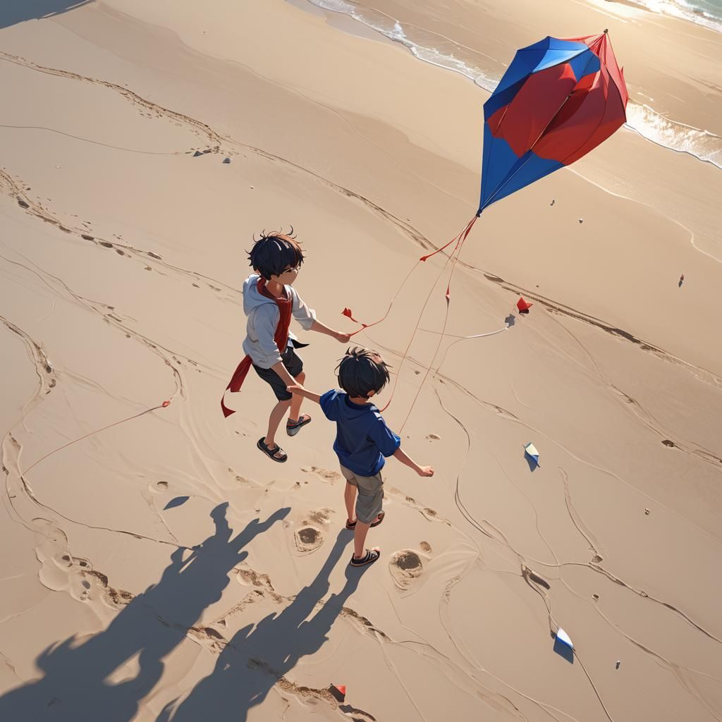Boy Flying Kite at Beach in Vibrant Anime Art