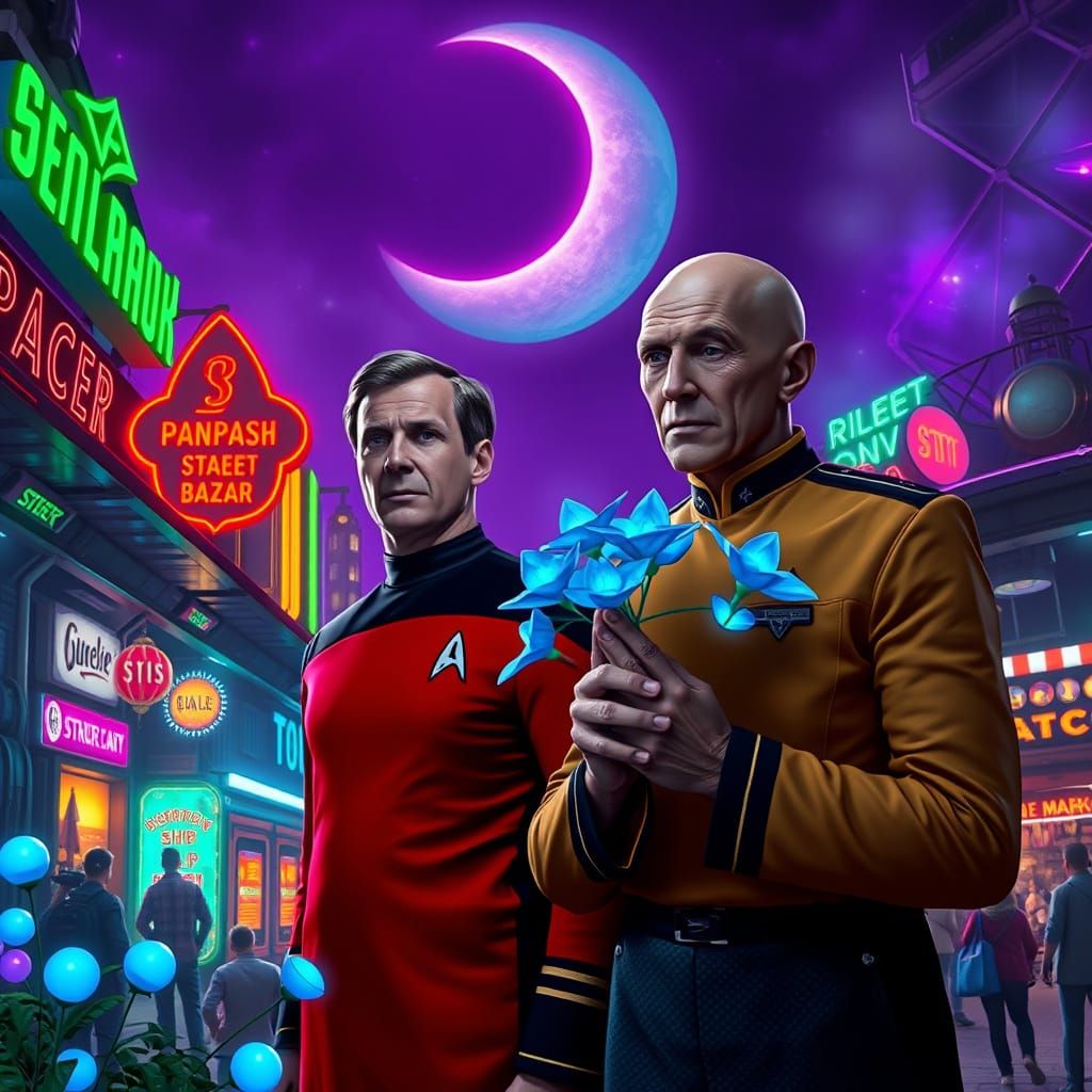 Two Starfleet Officers Amidst a Futuristic Night Market
