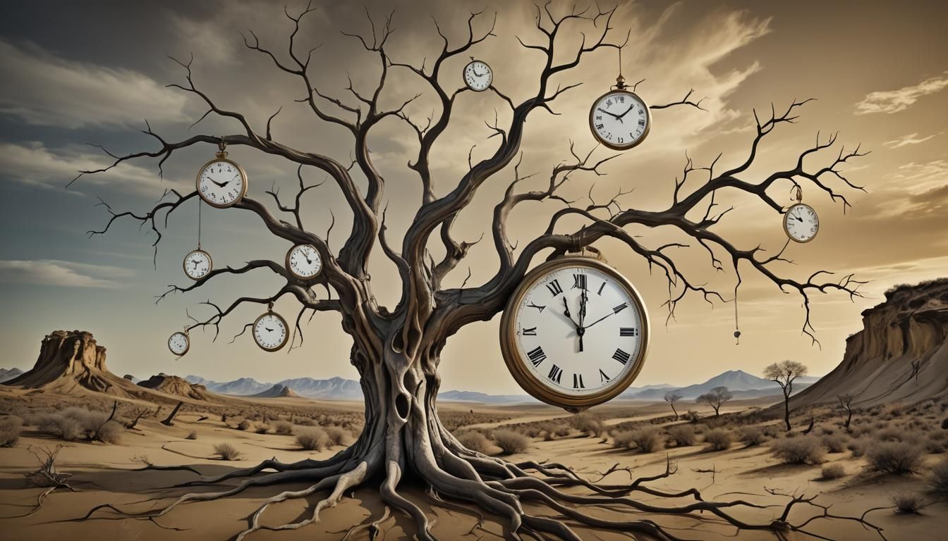Surreal Melting Clocks in Barren Landscape, Dali Inspired