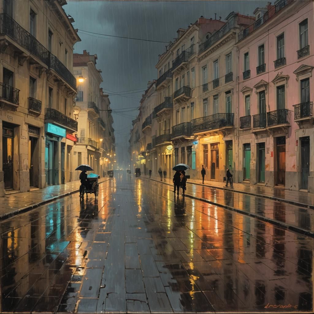 Neon Lisbon Street Scene in Rainy Hopper Style