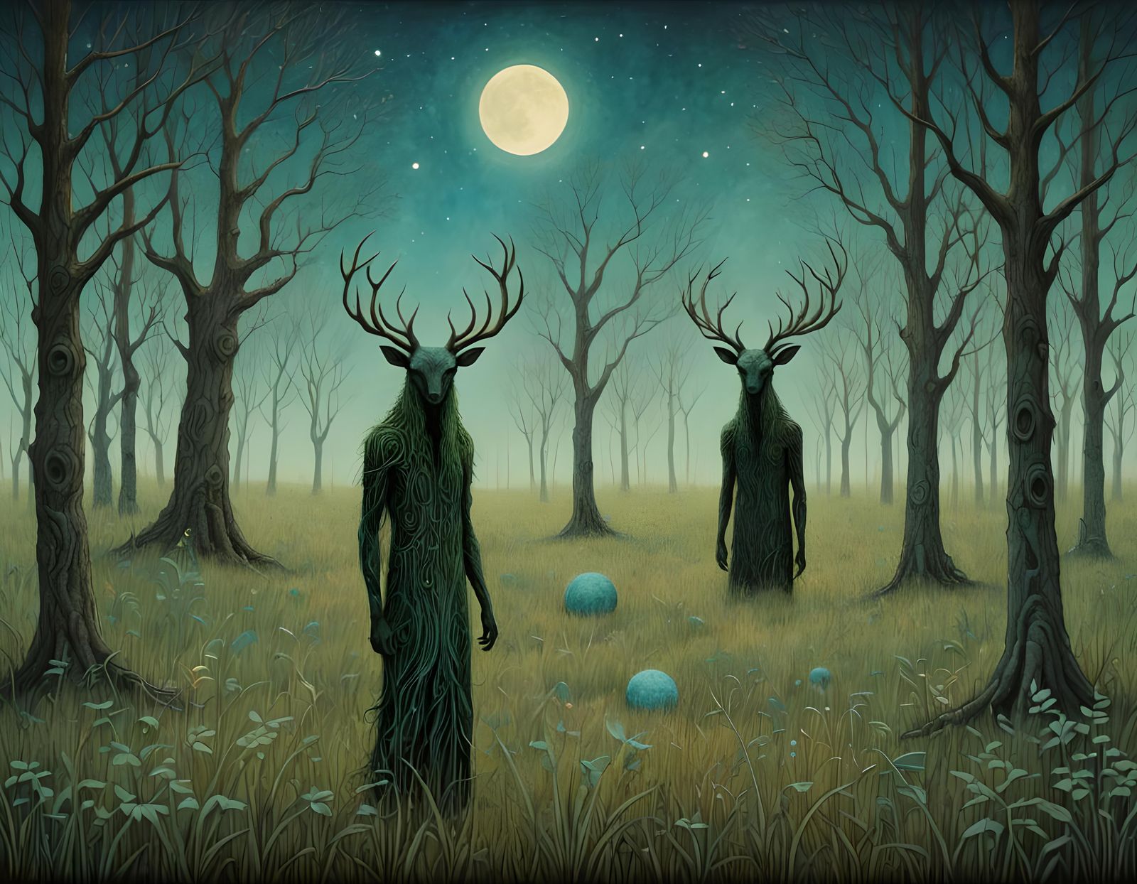 Cernunnos in Surreal Pastel Landscape Under Triple Moon