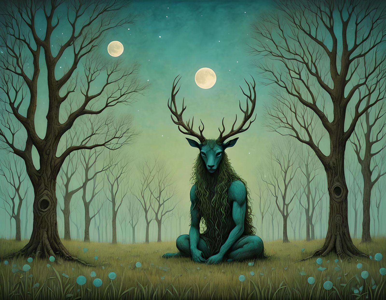 Cernunnos in Forest Glade with Triple Moon