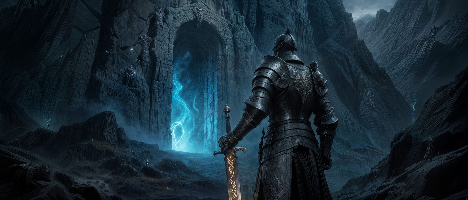 Lone Knight Gazes at Blue-Lit Ancient Gateway