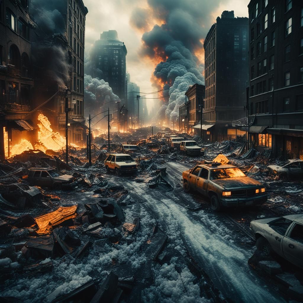 Apocalyptic Fire and Ice Storm Over City