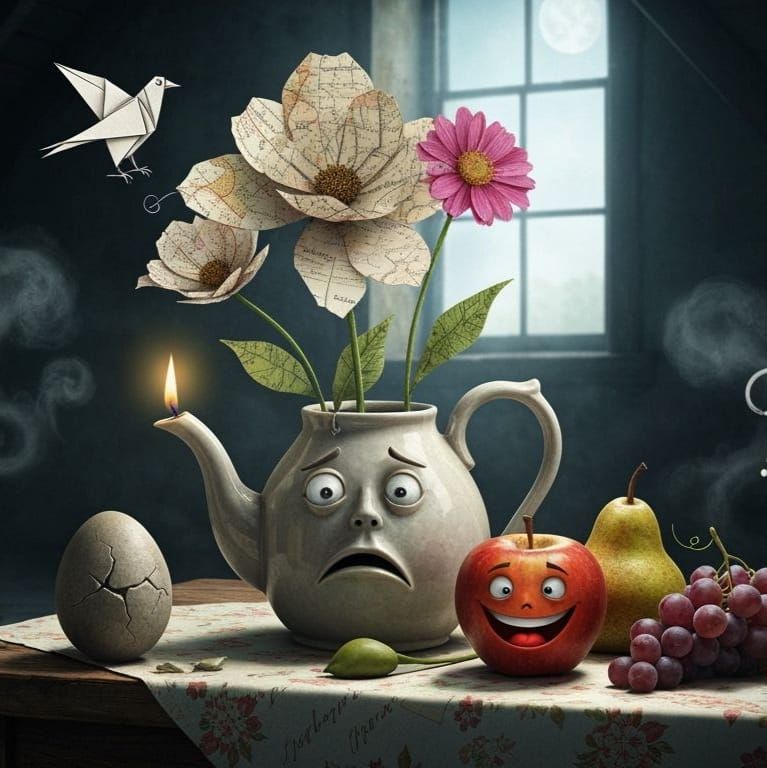 Sad Grandfather Clock in Attic, Collage Art