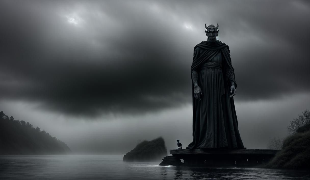 Gargoyle Over River in Dark Fantasy Illustration