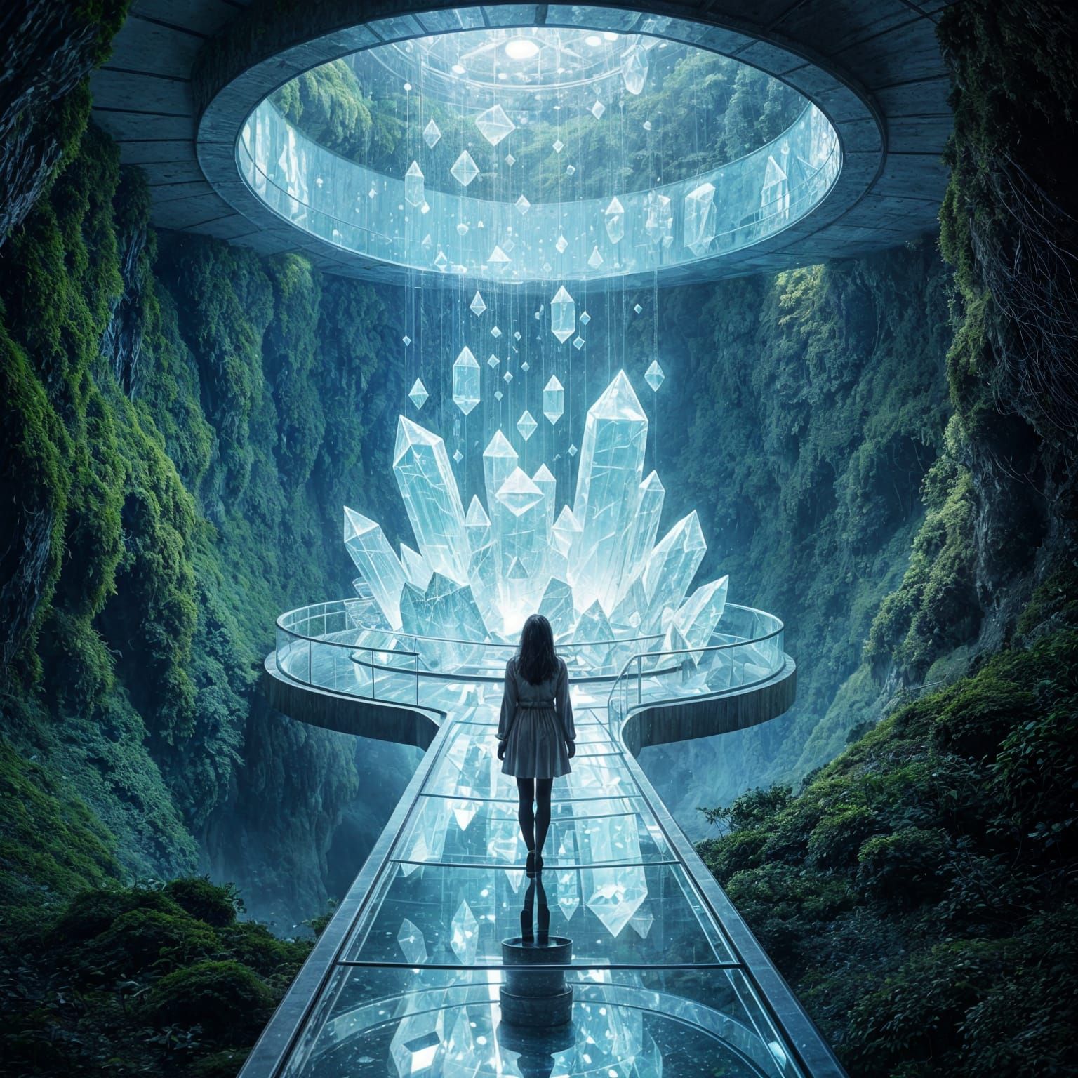 Crystals glowing on a transparent pathway at the top of a round modern tower, the moss covers the walls underneath, intr...