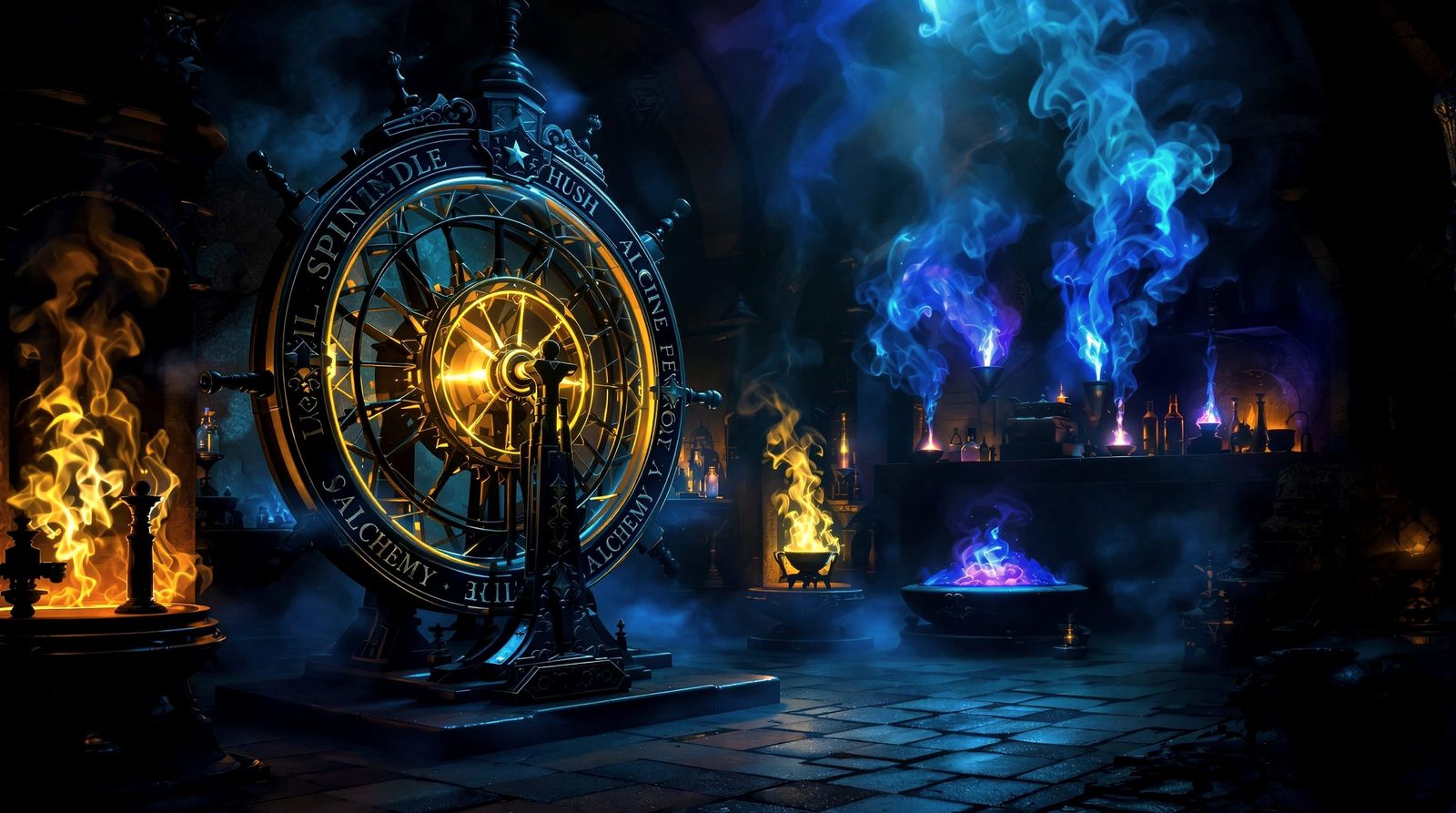 Glowing Spinning Wheel in Dim Alchemist Lab