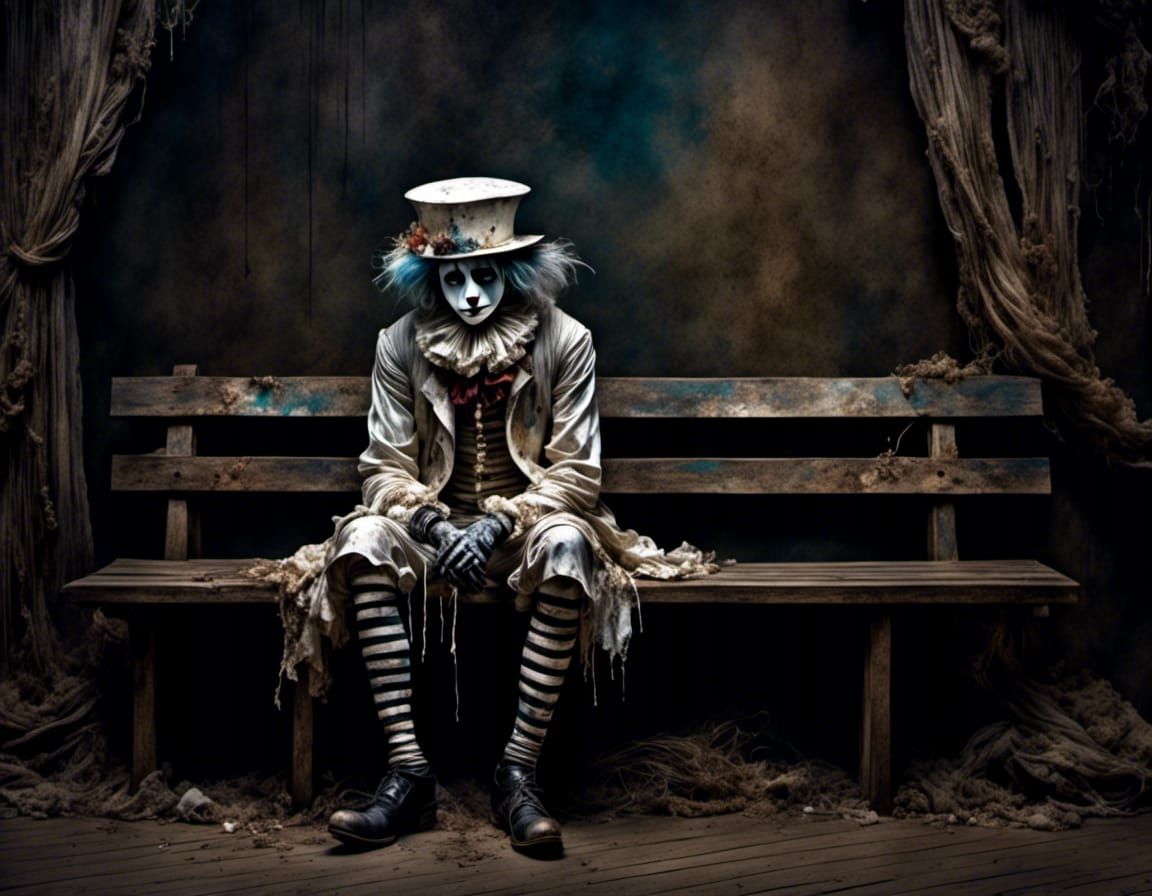 Sad Pierrot in Ragged Costume on Bench