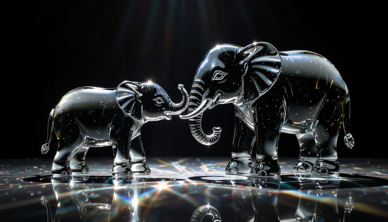 Glass Elephant Calf Touches Mother Trunk With Light