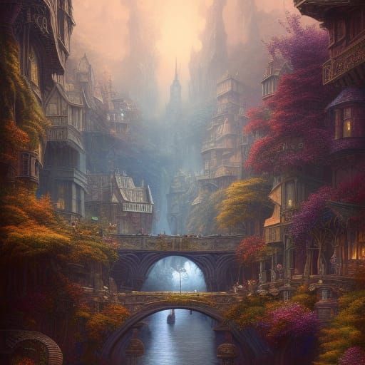 Elven Cityscape with Canal, Fantasy Concept Art