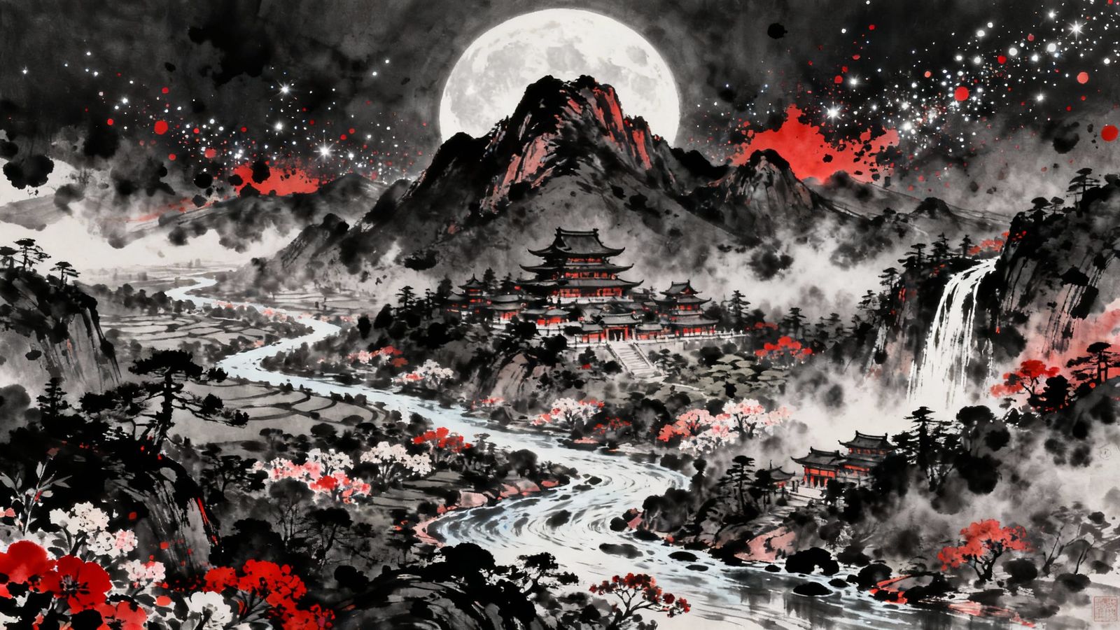 Japanese Mountain Sect Landscape in Black and Red Ink Splatt...