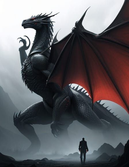 Dragon-Man in Business Attire, Eerie High-Fantasy Scene