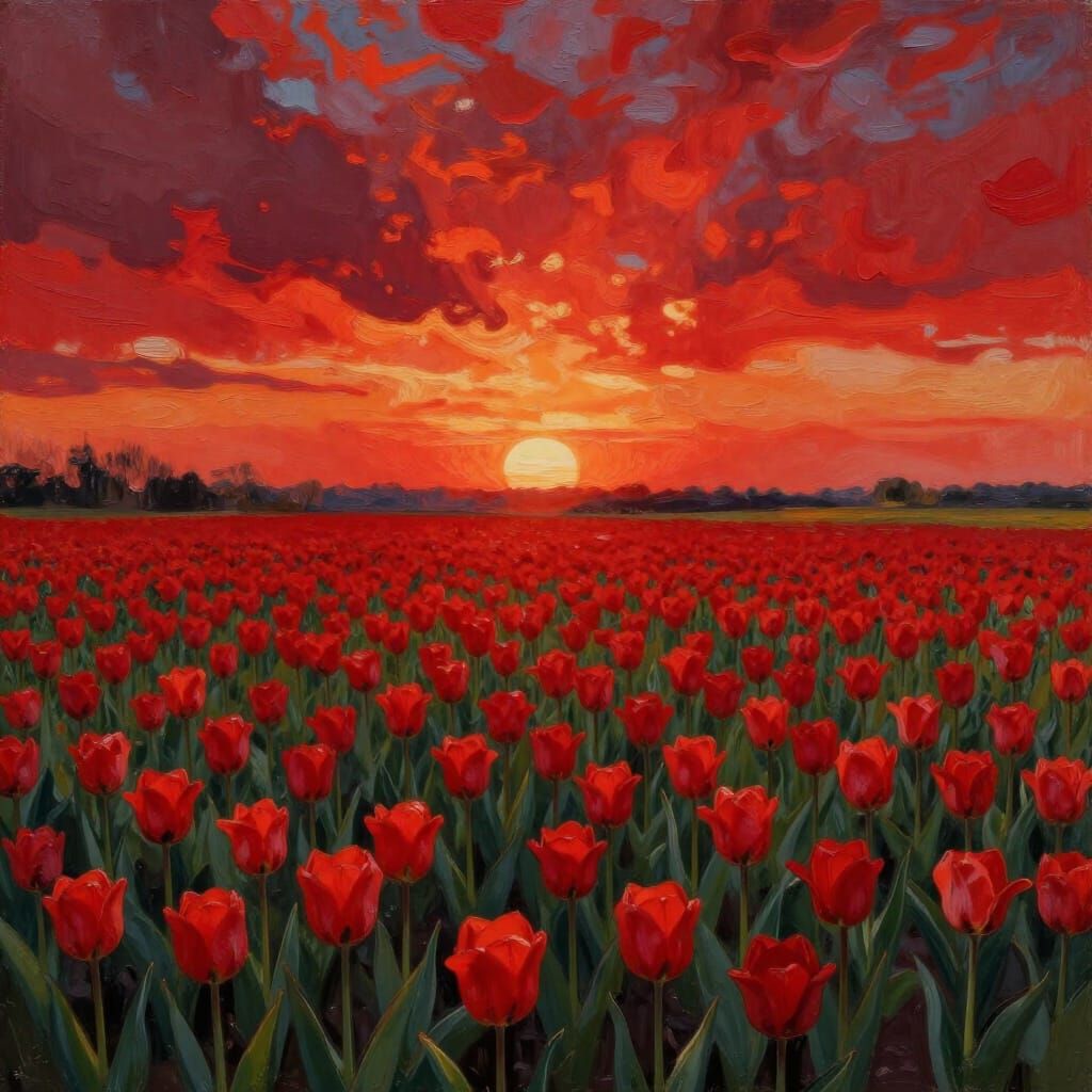 Vibrant Red Tulip Field Under Fiery Sunset