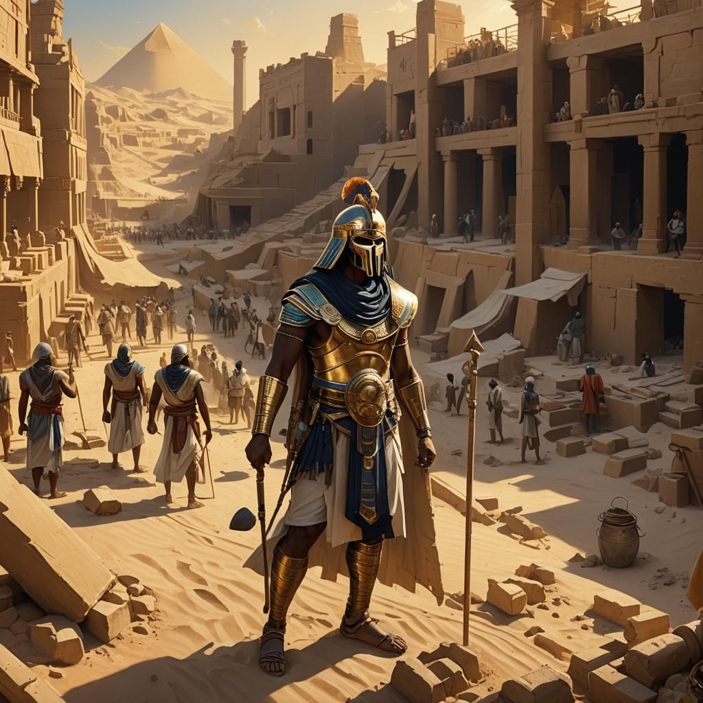 Egyptian Taskmaster Amidst Pyramid Construction