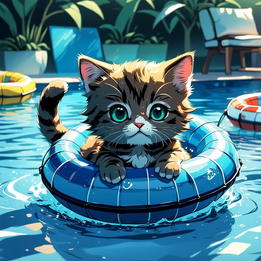 Kitten's Tubing Adventure: Cel-Shaded Anime Art