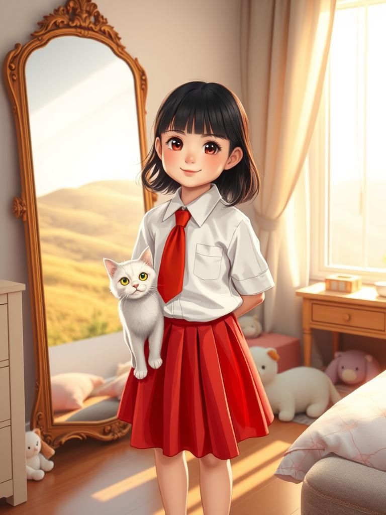 Girl in School Uniform with Cat in Sunny Room