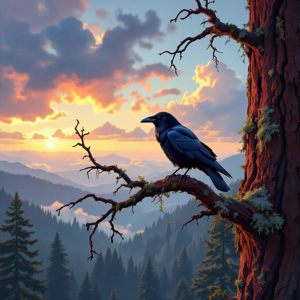 Raven on Redwood Branch in Epic Forest