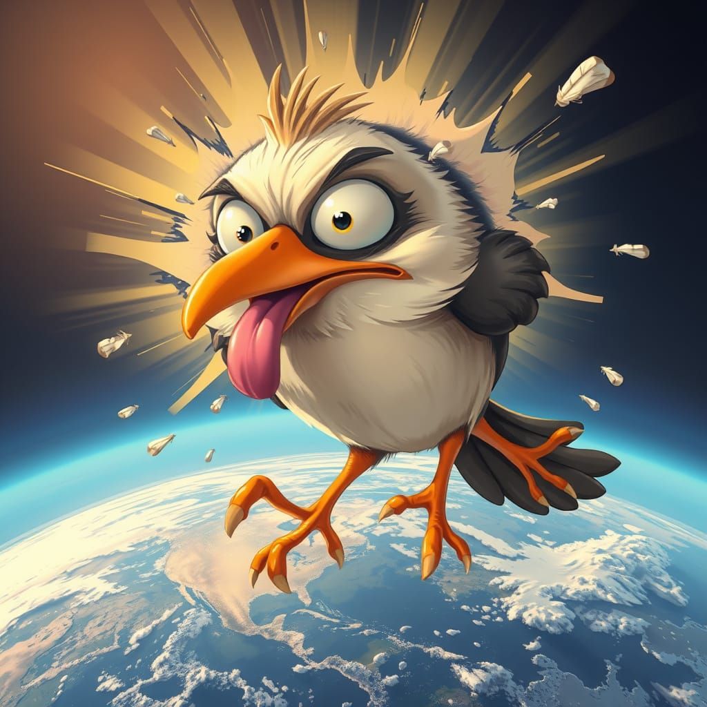 Funny Bird Meets Invisible Wall in Caricature Style