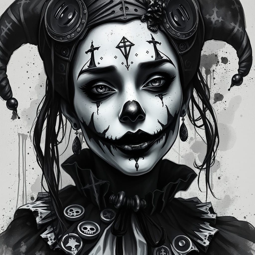 Haunting Portrait of a Mysterious Female Jester in Dark Surr...