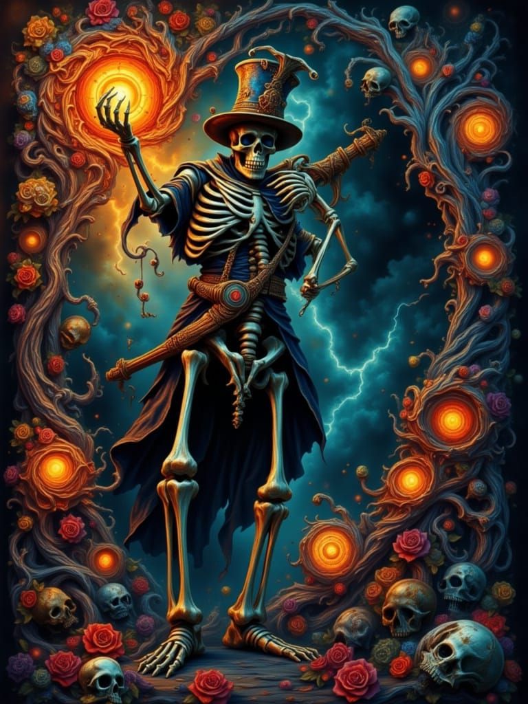 Skeleton Magician Emerges from Card in Dynamic Lighting