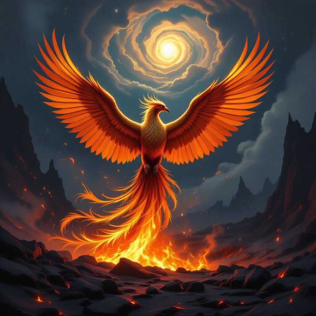 Majestic Phoenix Rises From Embers in Volcanic Landscape