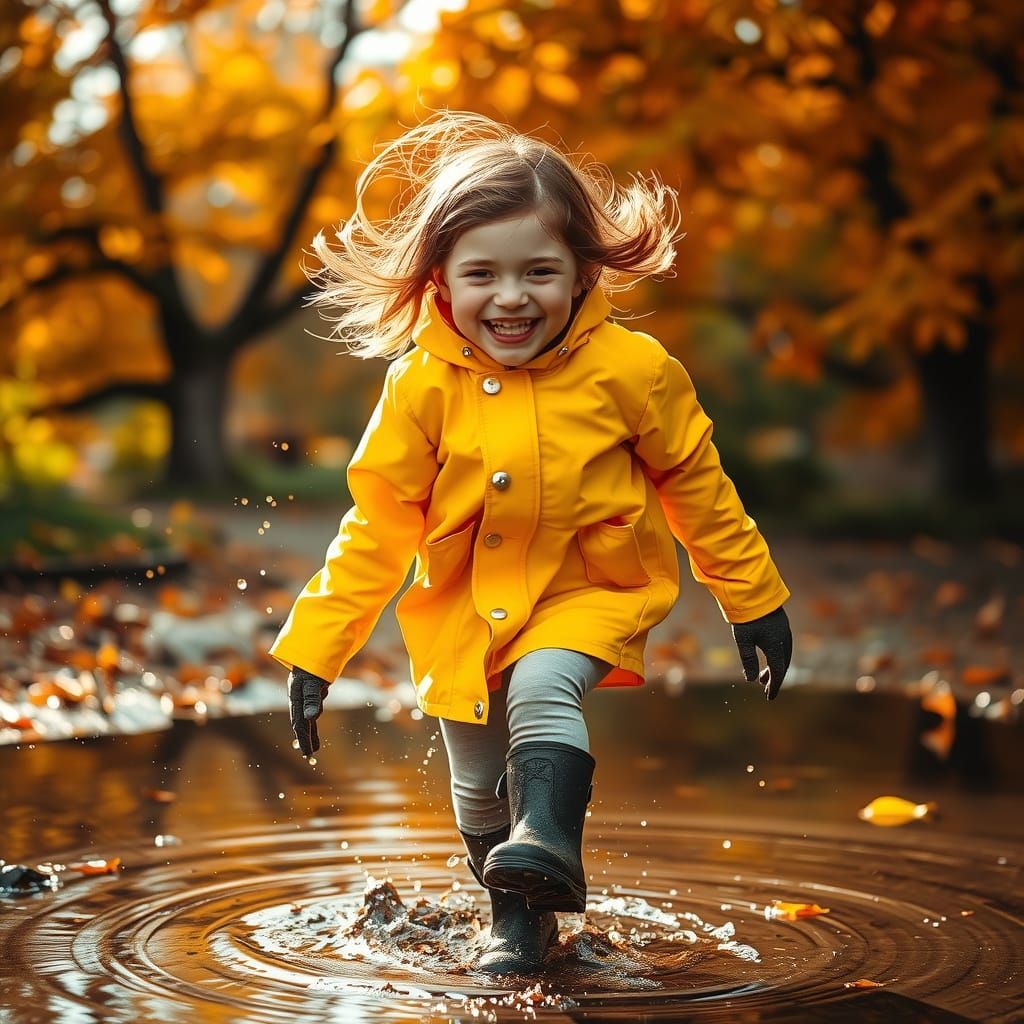Joyful Girl Leaps in Autumn Puddle