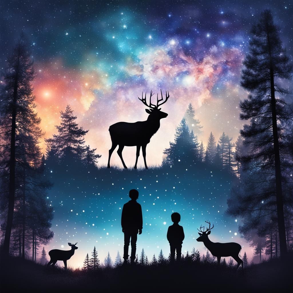 Night Forest: Child, Deer, and Double Exposure