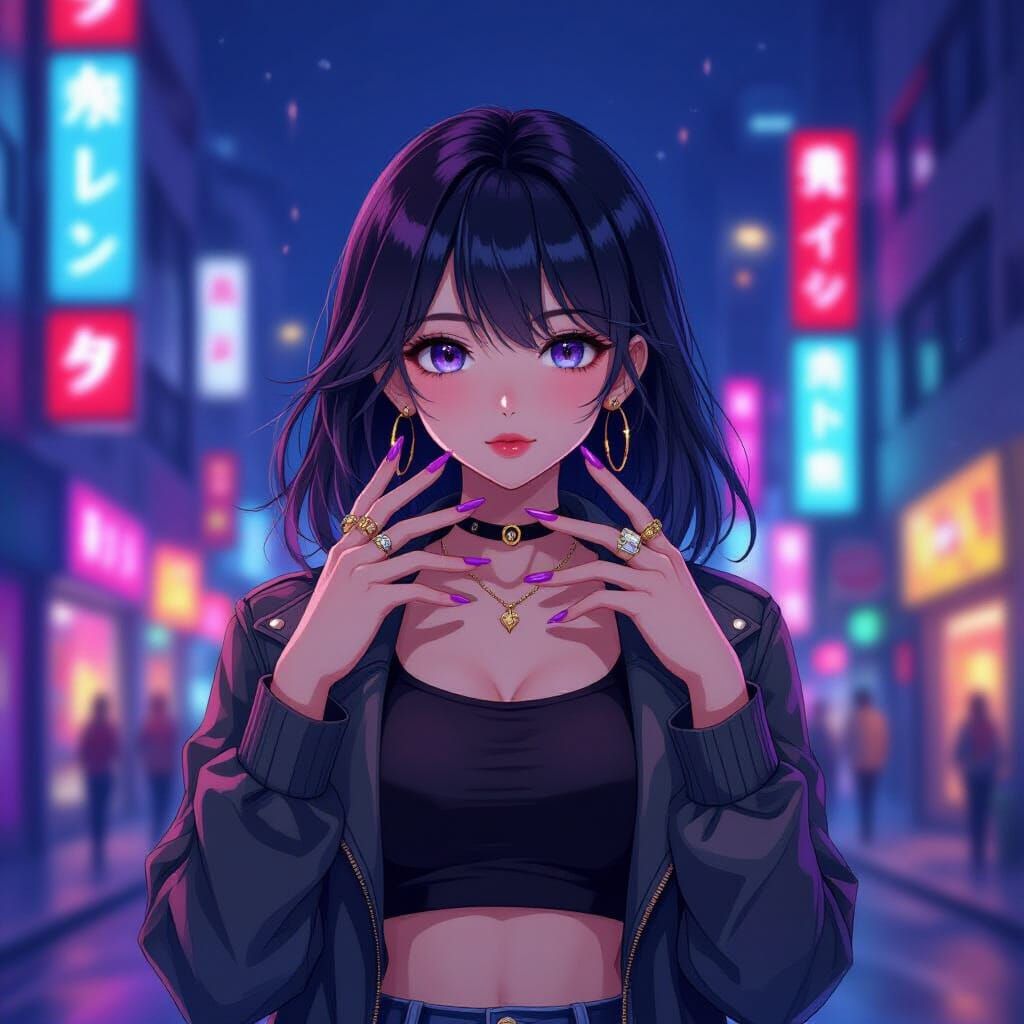 Stylish Anime Girl with Long Nails in Neon City