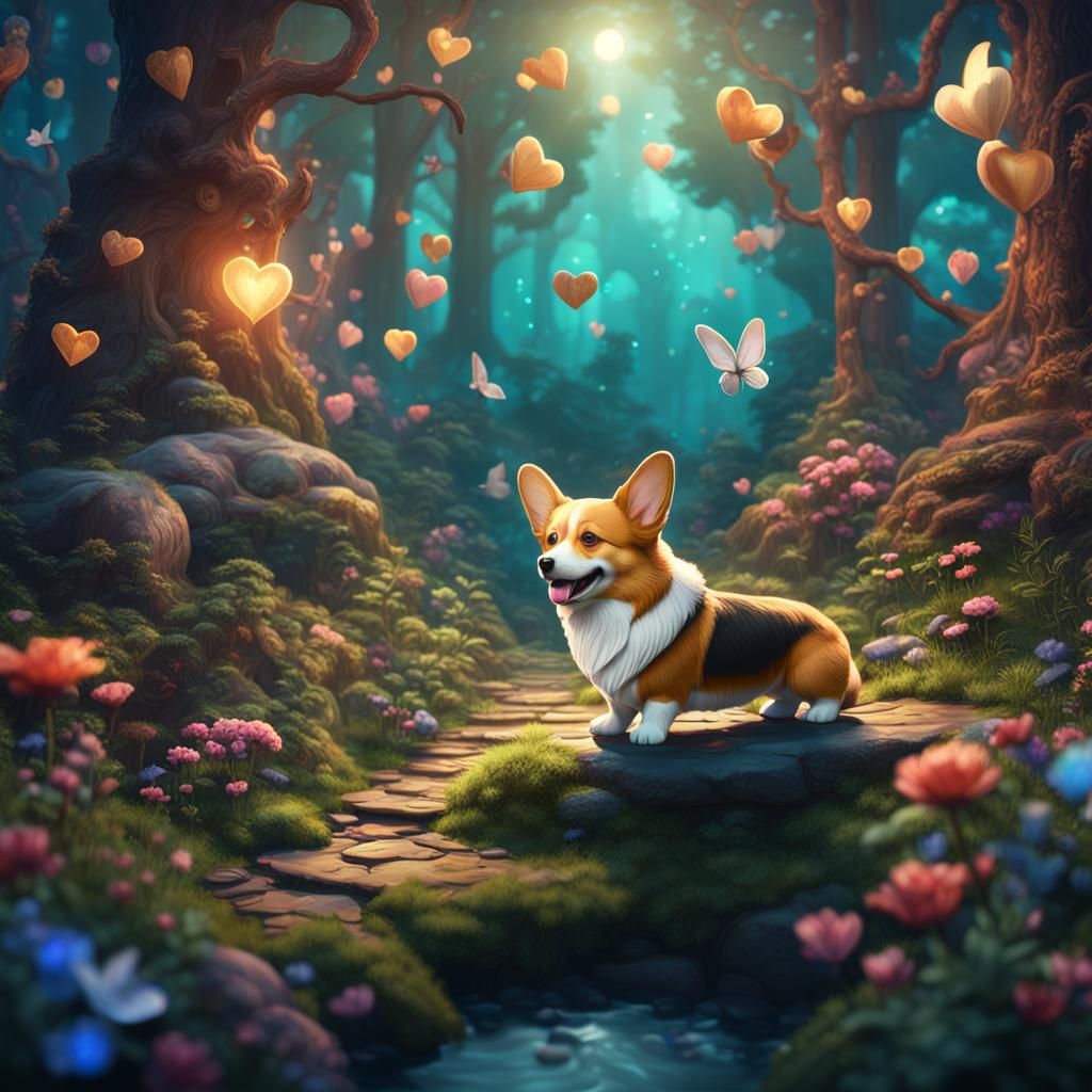 Corgi in Enchanted Forest: Detailed Matte Painting