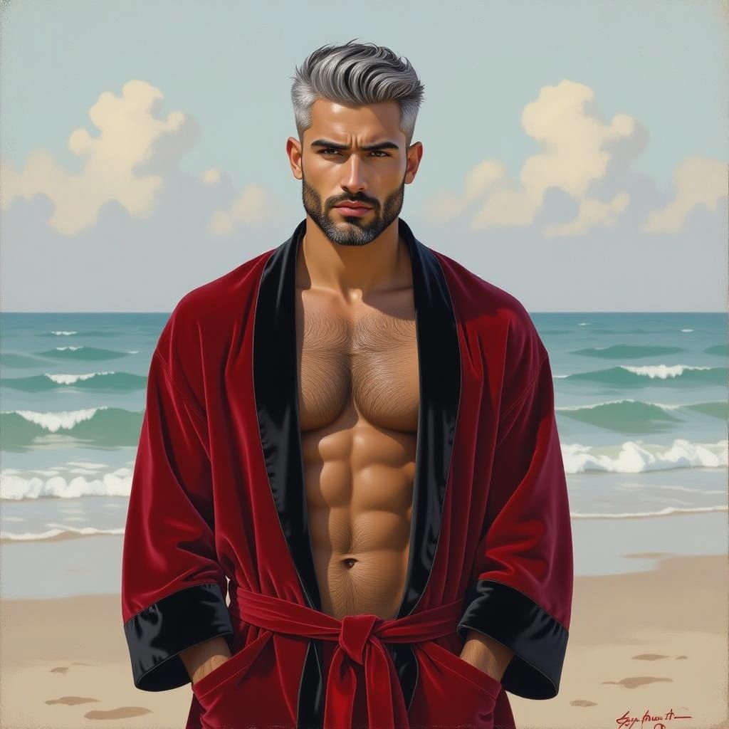 Wrathful Young Man on Beach in Klimt Style