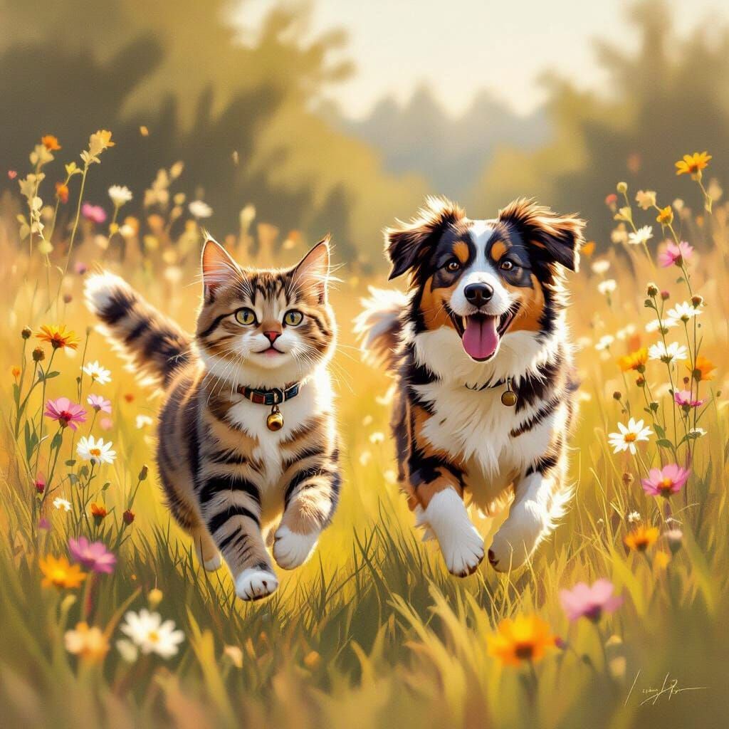 Cat and Dog Play in Wildflower Meadow as Impressionist Paint...