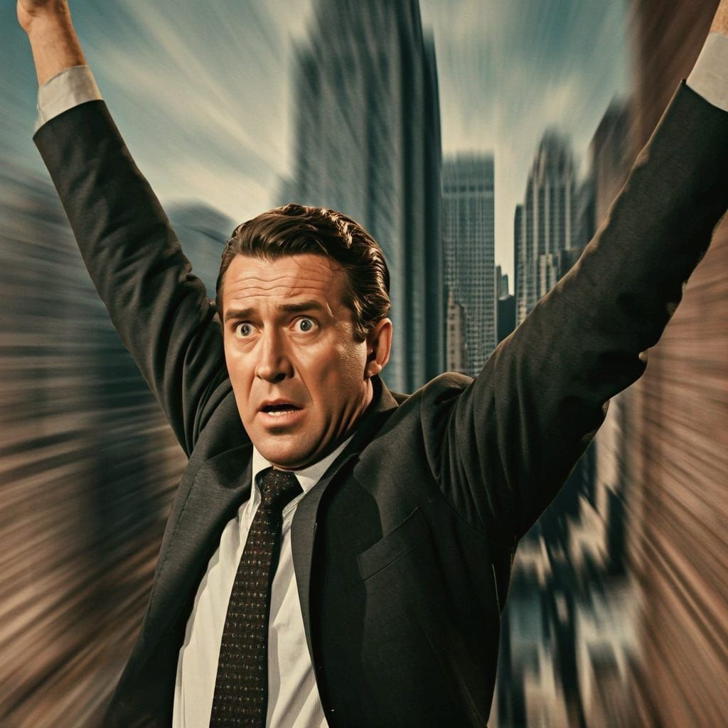 Terrified James Stewart in Vertigo Dolly Zoom Shot