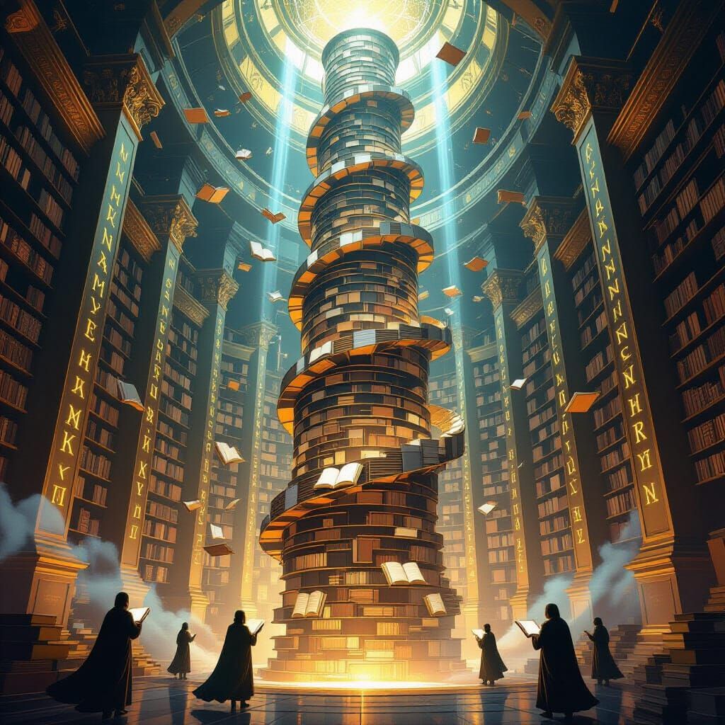 A vast, spiraling tower of scrolls and floating books suspen...