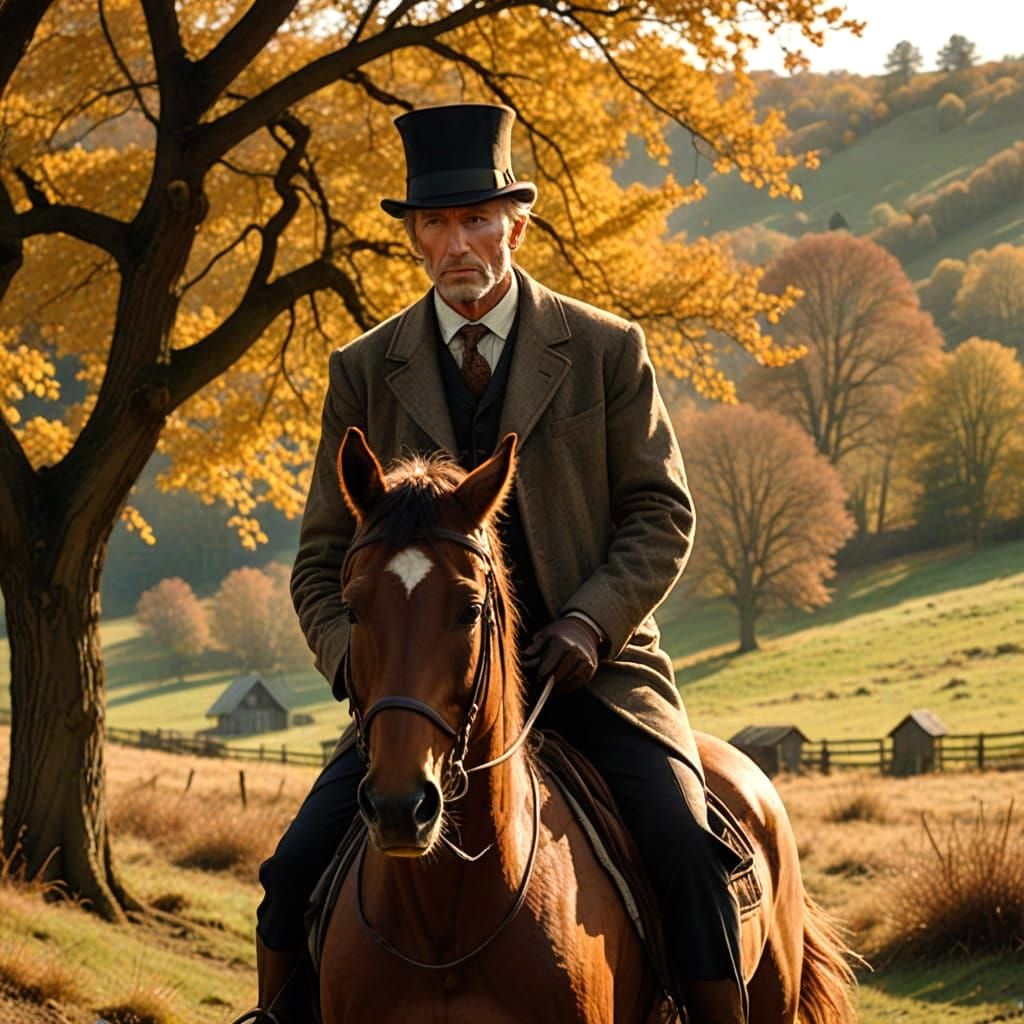 Elegant Gentleman Rides Horse in Autumn Landscape
