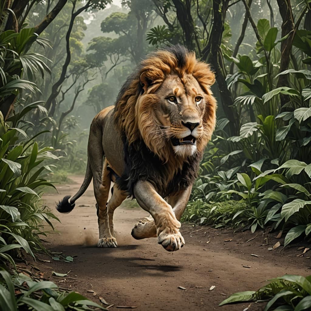 Worried Lion Running Through Jungle