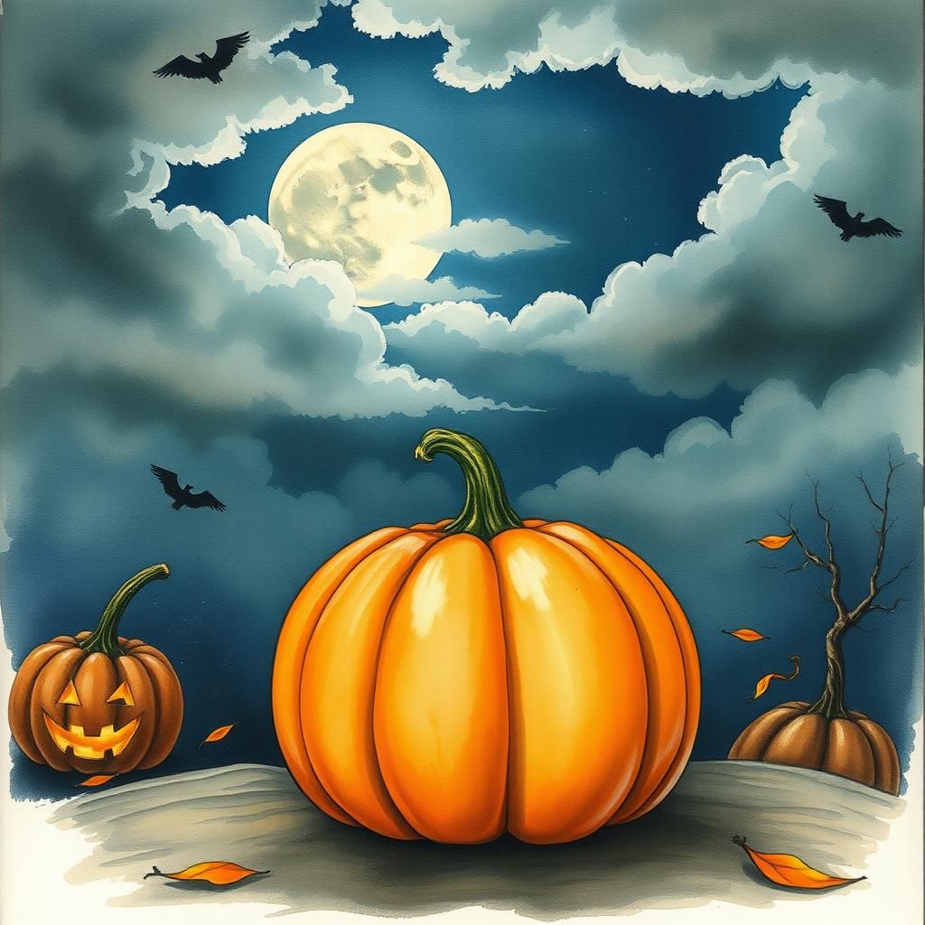 Watercolor Pumpkin Under Moon on Halloween