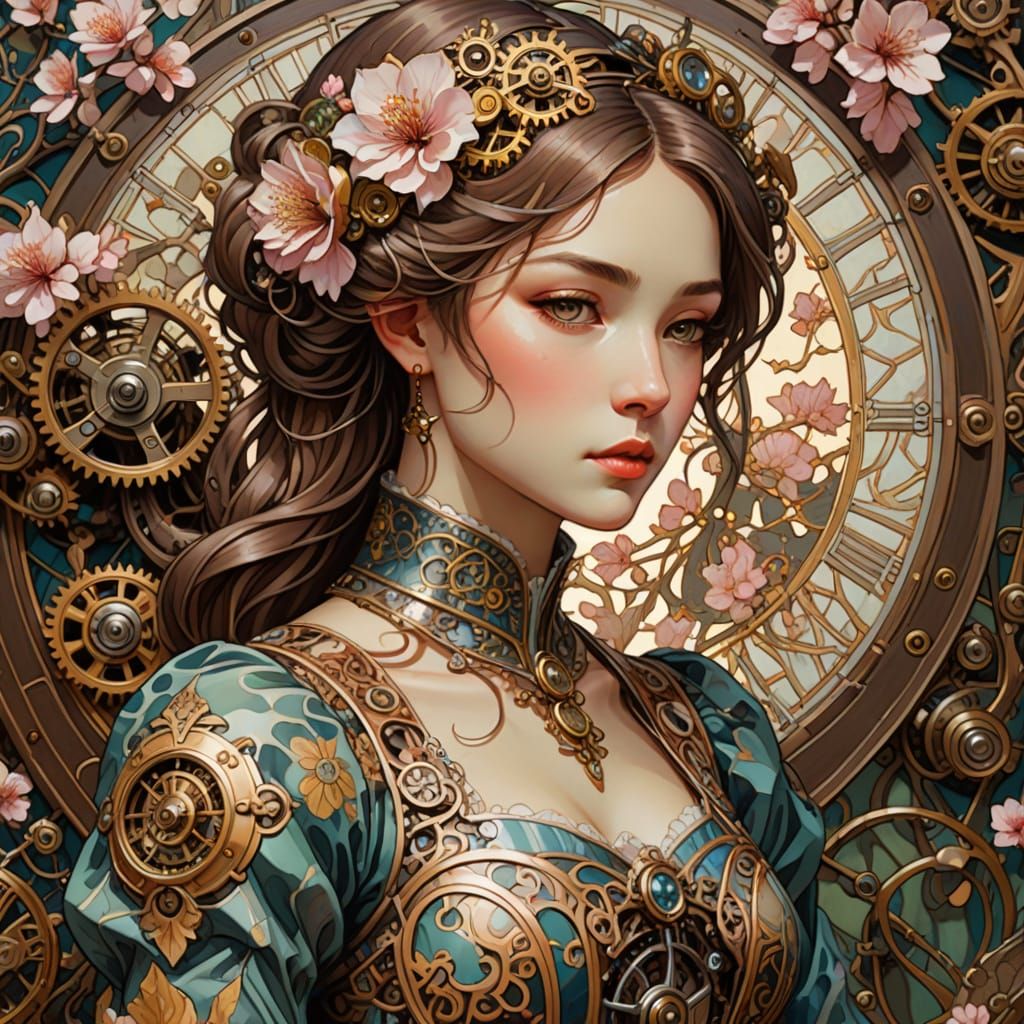Ethereal Girl Amidst Cherry Blossoms in Clockpunk Art Nouvea...