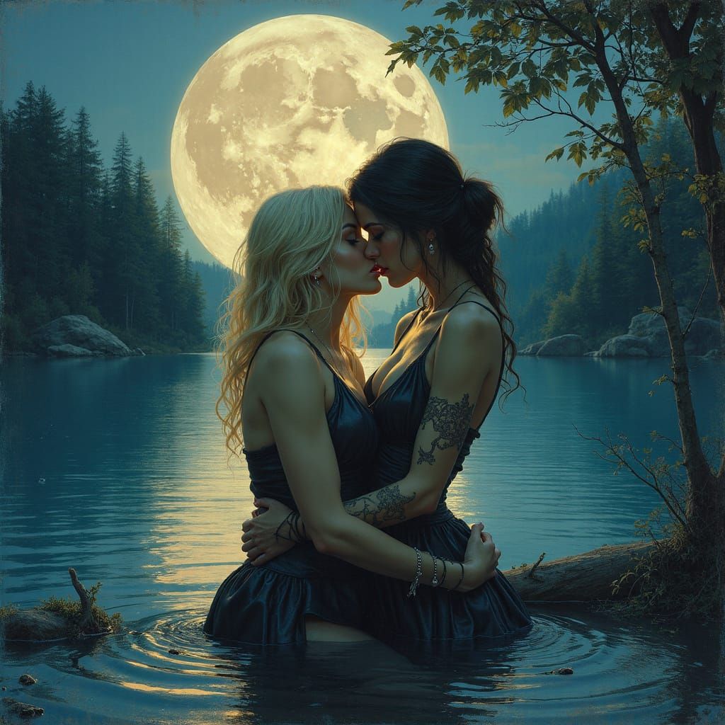 Romantic Surreal Noir Kiss by Moonlit Lake