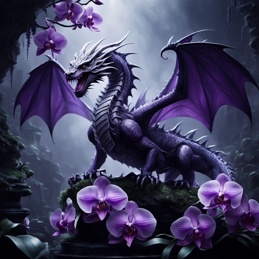 Colossal Dragon Coils Around Bioluminescent Orchids