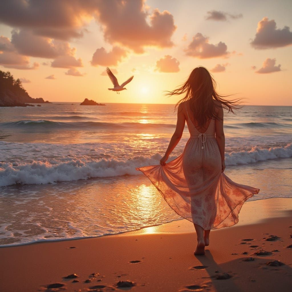 Boho Woman at Sunset on Beach