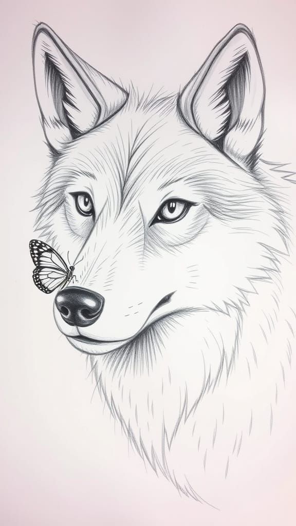 Whimsical Wolf and Butterfly Pencil Sketch
