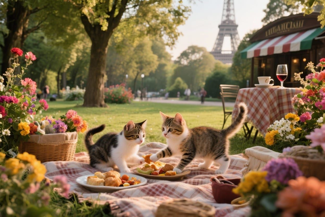 Cats' Picnic in Paris: A Cinematic Film Still