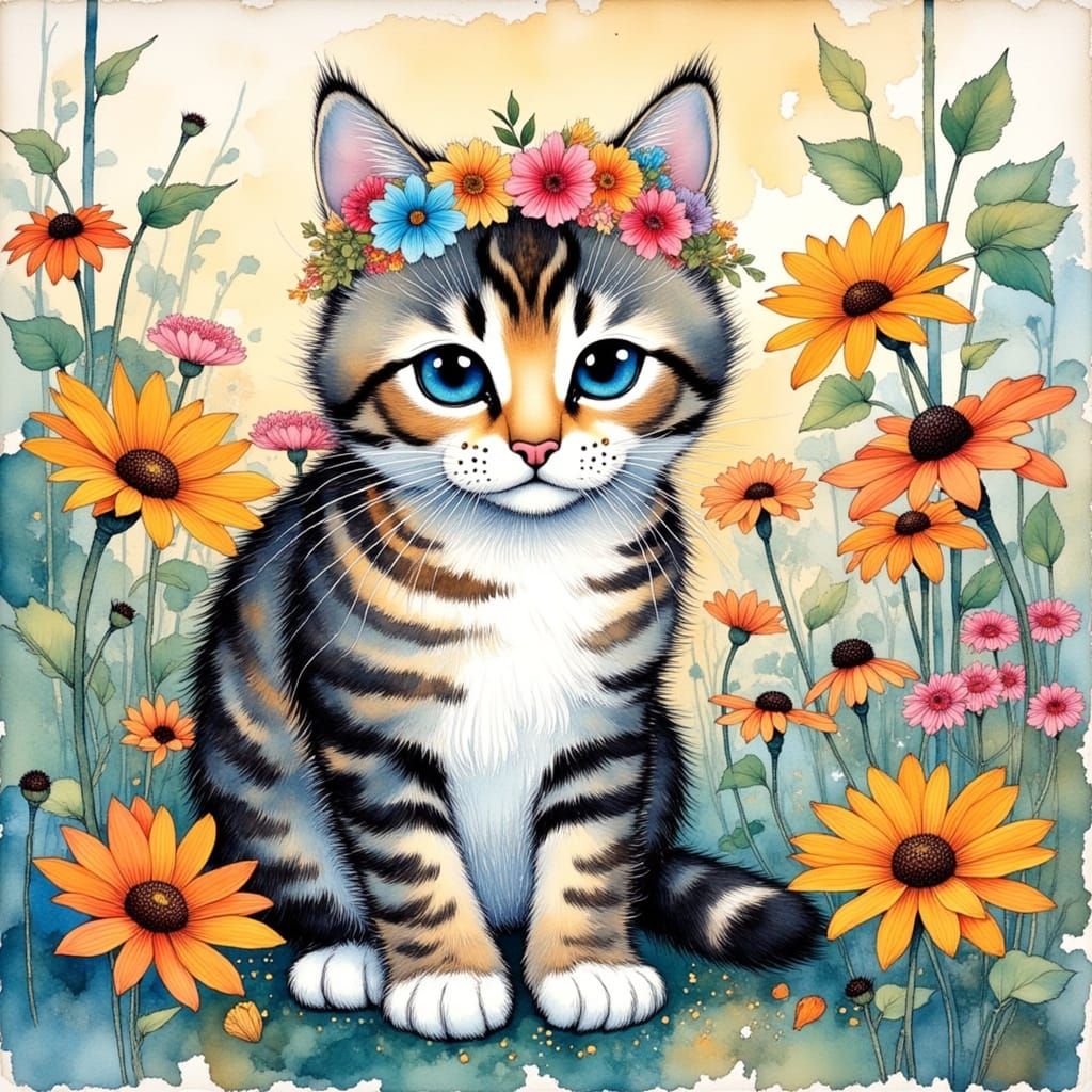 Floral Kitten in Whimsical Collagraphy Style