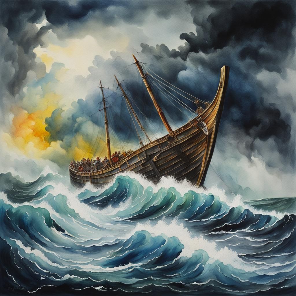 Noah's Ark on Stormy Sea, Watercolor Painting
