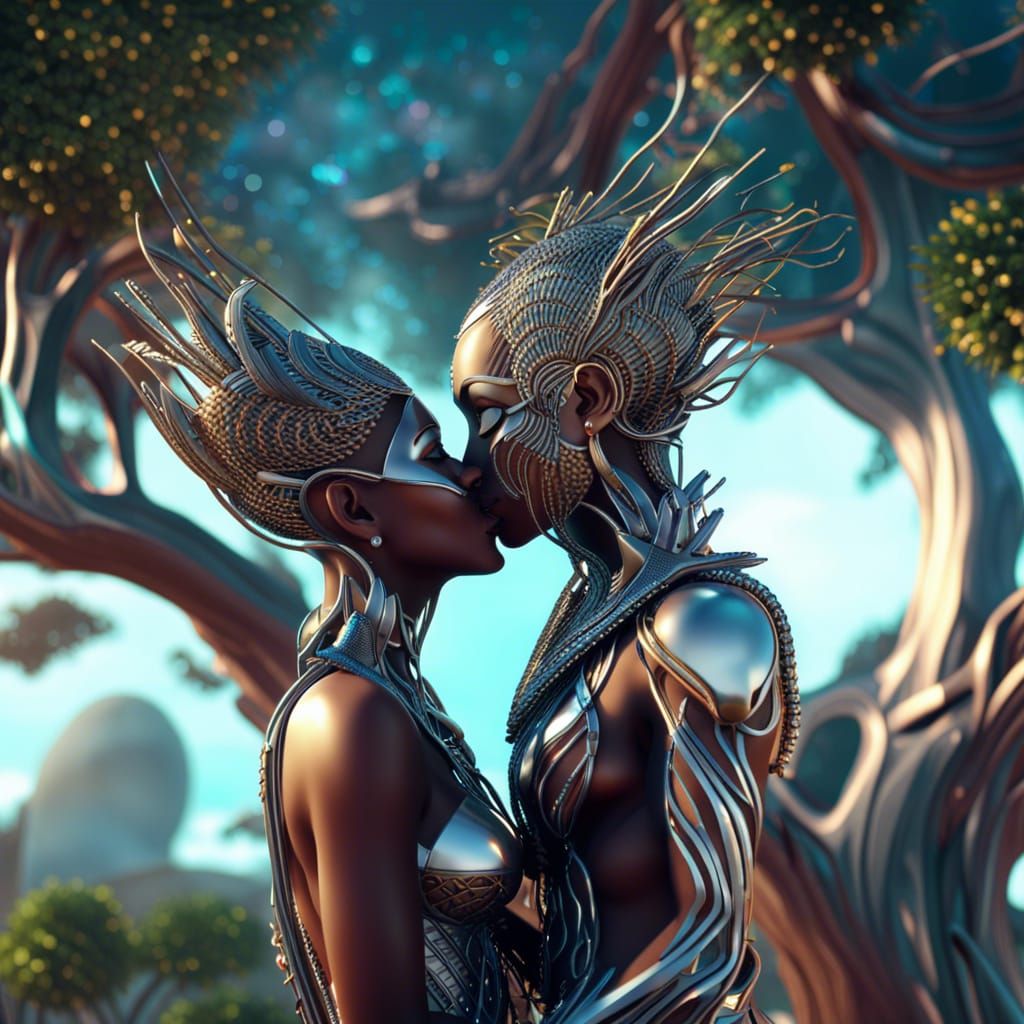 God and Goddess Kiss in Sci-Fi Paradise