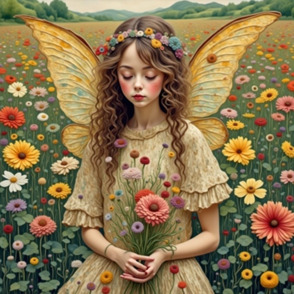 Ethereal Fairy Goddess Among Wildflowers in Art Nouveau Styl...