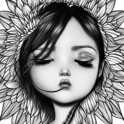 Elegant Fairy Resting in Sunflower, Kawaii Style