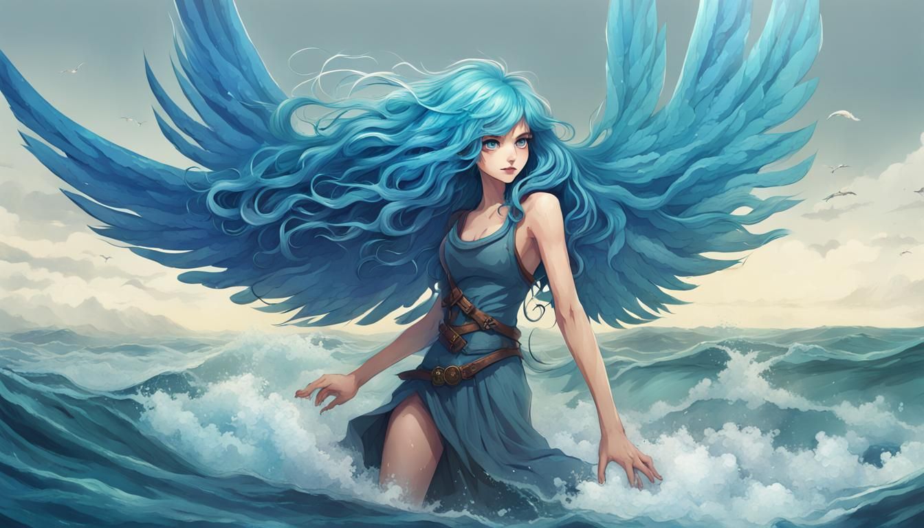 Winged Water Goddess with Flowing Blue Hair