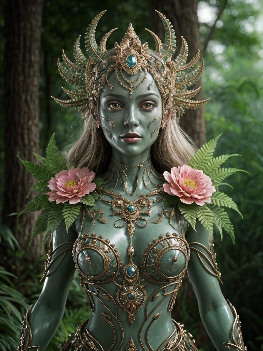 Surreal Alien Goddess with Rainforest Accents in Vibrant Col...